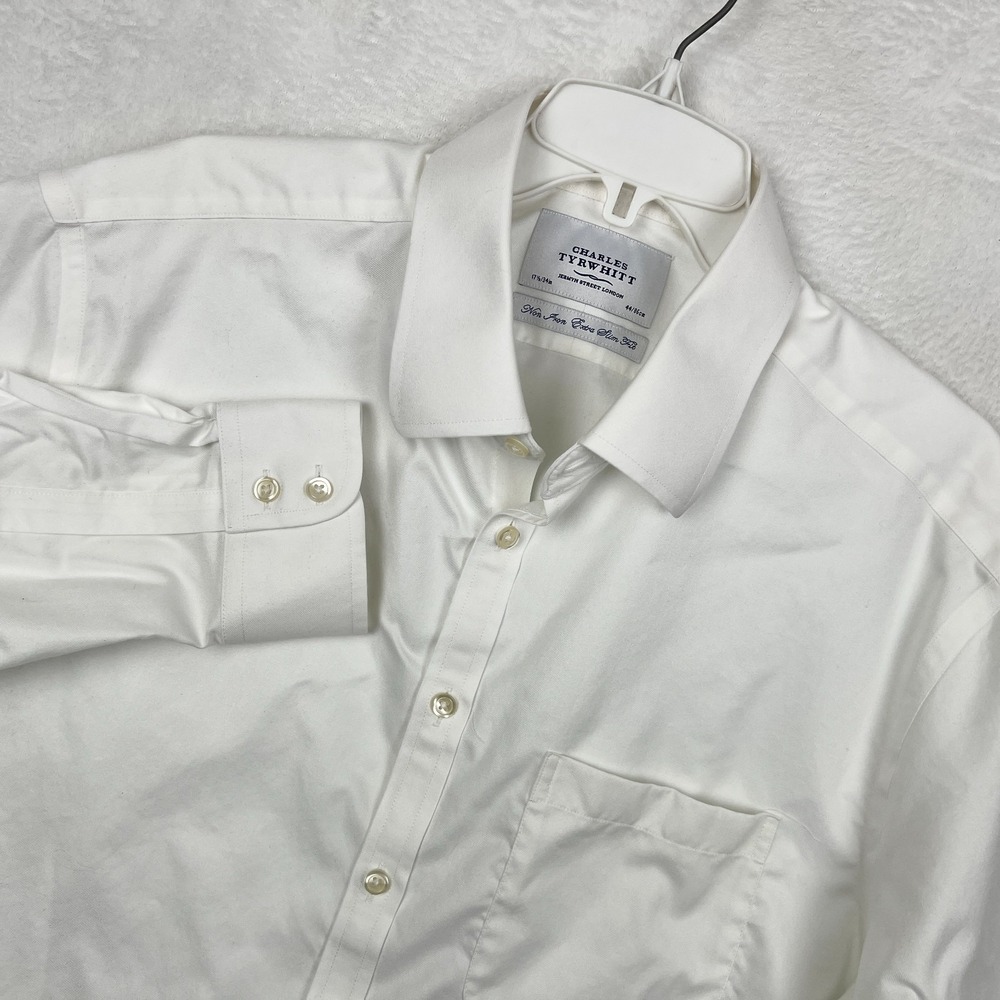 Charles Tyrwhitt White Dress Shirt Mens 17.5 34 Button Up Pocket Extra Slim Fit‎